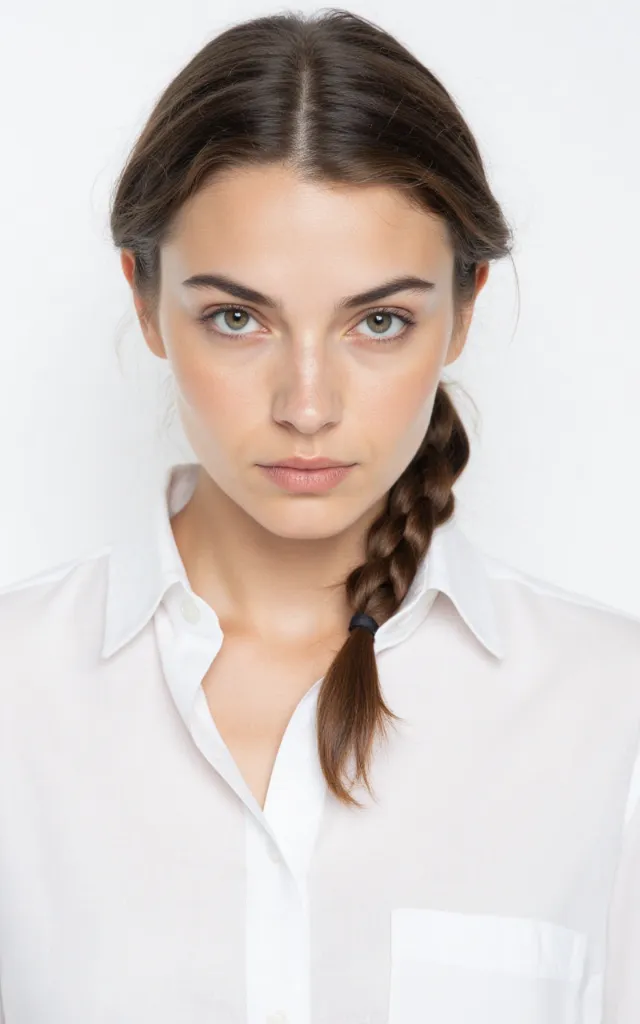 A French female model with a Fishtail braid, wearing a shirt, against a white background, in a front   facing bust portrait
